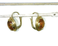 Honey Amber Cabochon Dangle Earrings 22 Karat Gold Bezel Setting Celebrity Owner Kathy Bates 3/4 Inch Long