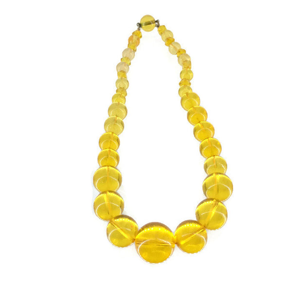 Yellow Round Bead Choker Mid 20th Century Translucent Plastic 15 mm to 6 mm Beads 39.9 Grams 15.5 Inches Long