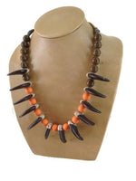 Bear Claws Orange Brown Crow Bead Necklace Vintage Native American 12 Wood Carved Claws 29 1/2 Inches Long