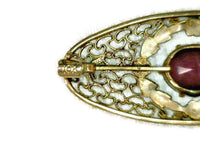 Edwardian 10 Karat Gold and Amethyst Filigree Pin Green Rose Yellow Gold Flowers Garland Oval Gemstone 6-Prong Set 8 mm Long by 6 mm Wide 2.8 Grams 0.59 Inches Wide 1 1/3 Inches Long