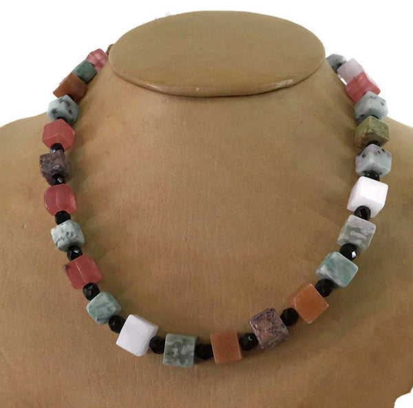 Vintage Gemstone Bead Necklace Cubes of Jasper Quartz Black Round Beads Signed 19 Inches Long