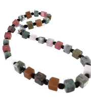 Vintage Gemstone Bead Necklace Cubes of Jasper Quartz Black Round Beads Signed 19 Inches Long