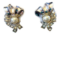 Vintage Faux Pearl Clip On Earrings Rhinestones Rhodium Plated White Metal Ribbon Motif 3/4 Inches Wide 1 Inch Long