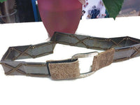 Vintage Suzi Roher Belt Distressed Brown Leather Brown Elastic Cord 13 Hammered Silver Metal Links  1 1/2 Inches Wide 2 1/4 Inches Square Buckle plus 29 Inches Long