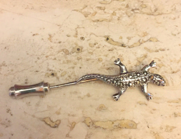 Lizard Stick Pin Sterling Silver Pave'-set Marcasite Stones Noteworthy Owner Kathy Bates 12 mm Wide 26 mm Head to Tail